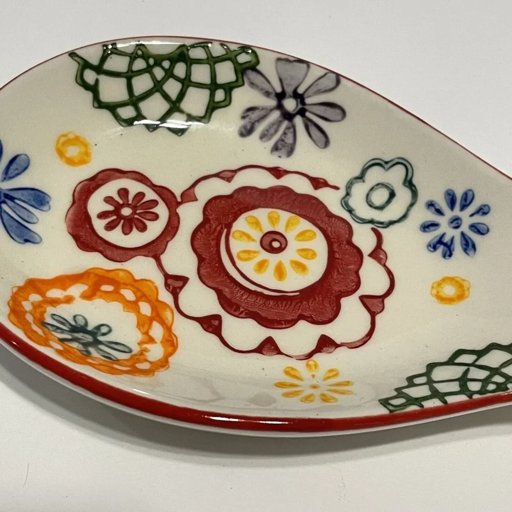 Pier 1 Imports Colorful, Hand Painted Floral 8” Stoneware Spoon Rest VTG